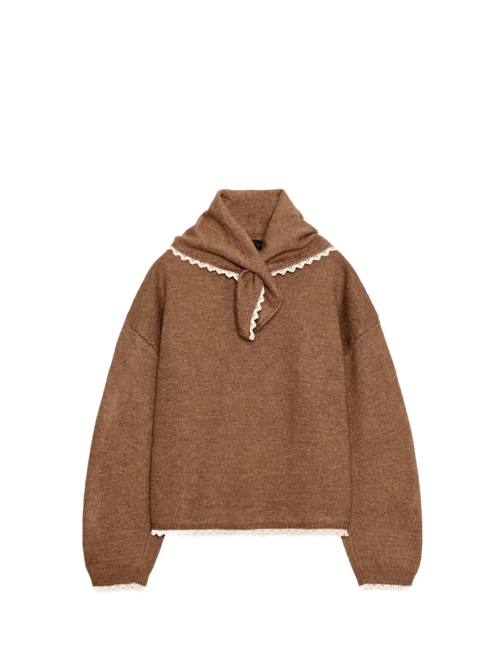 Zara Brown Knit Sweater with Cream Lace Trim and Neck Tie